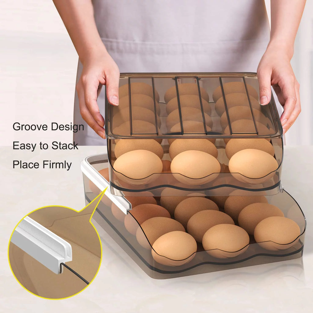 Egg Holder Storage Box with Lid Automatic Rolling Egg Container for Refrigerator Kitchen Egg Tray Organizer Bin for Household (2 Layers)