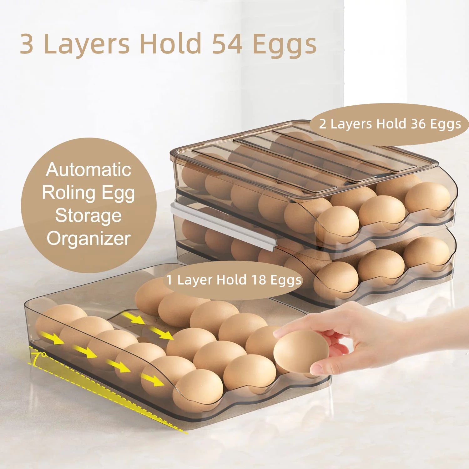 Egg Holder Storage Box with Lid Automatic Rolling Egg Container for Refrigerator Kitchen Egg Tray Organizer Bin for Household (2 Layers)