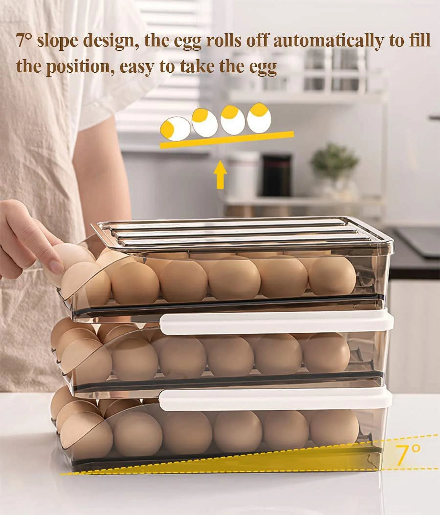 Egg Holder Storage Box with Lid Automatic Rolling Egg Container for Refrigerator Kitchen Egg Tray Organizer Bin for Household (2 Layers)